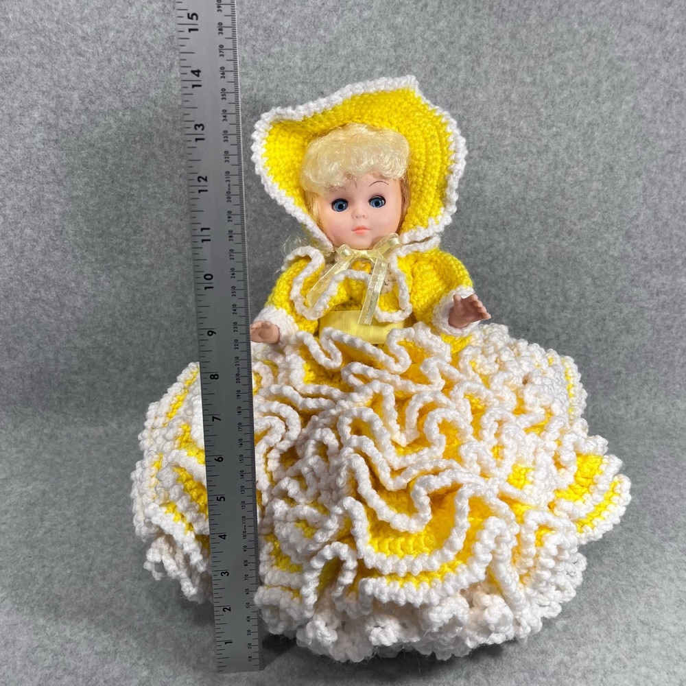 Vintage Bed Doll 13”‎ Handmade Crochet Yellow White Dress Bonnet Sleepy Eyes - Picture 10 of 16